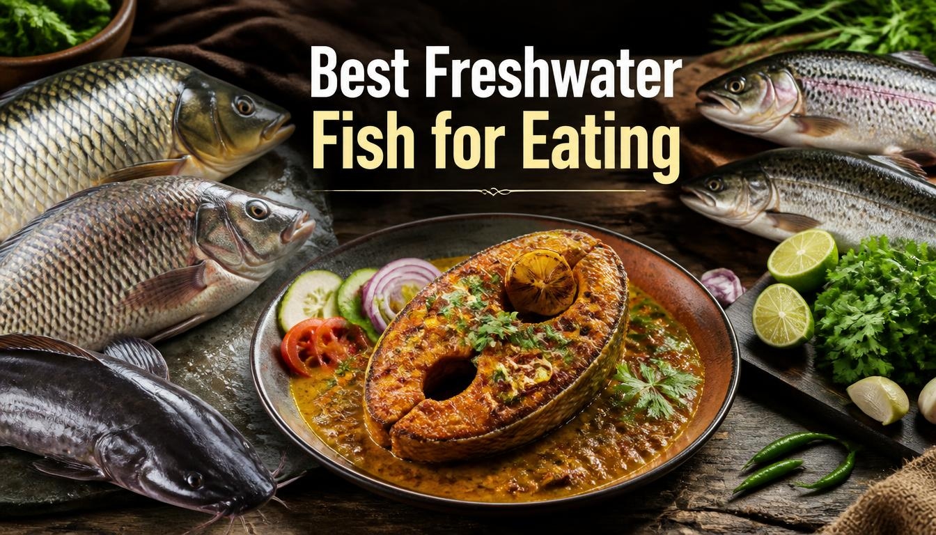 Best Freshwater Fish for Eating featuring a selection of popular freshwater fish including carp, trout, tilapia, and catfish alongside a fresh, healthy prepared fish meal with lemon, herbs, and vegetables.
