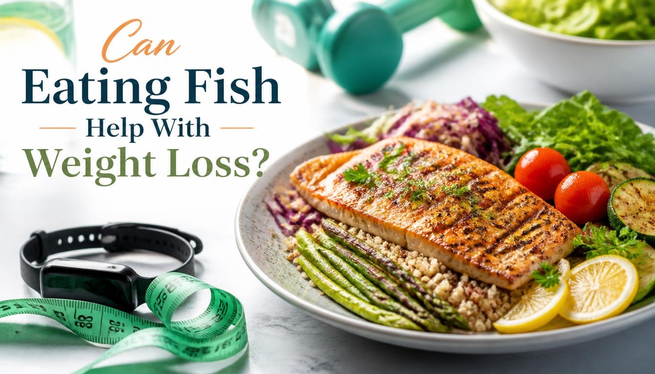 Can Eating Fish Help With Weight Loss? featuring a grilled salmon meal with vegetables, salad, lemon, and grains alongside a fitness tracker, measuring tape, and dumbbells representing healthy eating and weight management.