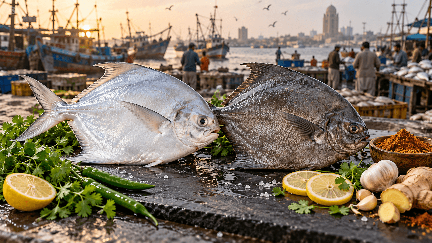 Fresh white and black pomfret fish with spices at a Karachi seafood market.
