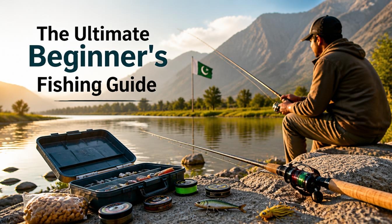 The Ultimate Beginner's Fishing Guide showing a beginner angler fishing beside a scenic river in Pakistan, with a fishing rod, tackle box, bait, lures, and other essential fishing gear in the foreground.