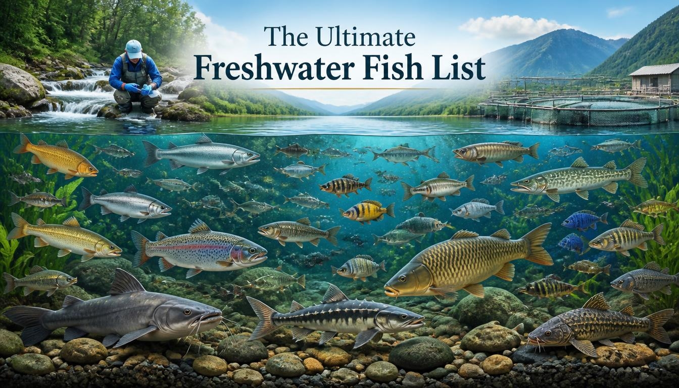 Diverse freshwater fish species swimming in a clear mountain lake, with trout, carp, catfish, pike, perch, and other species shown beneath a researcher and fish-farming cages.