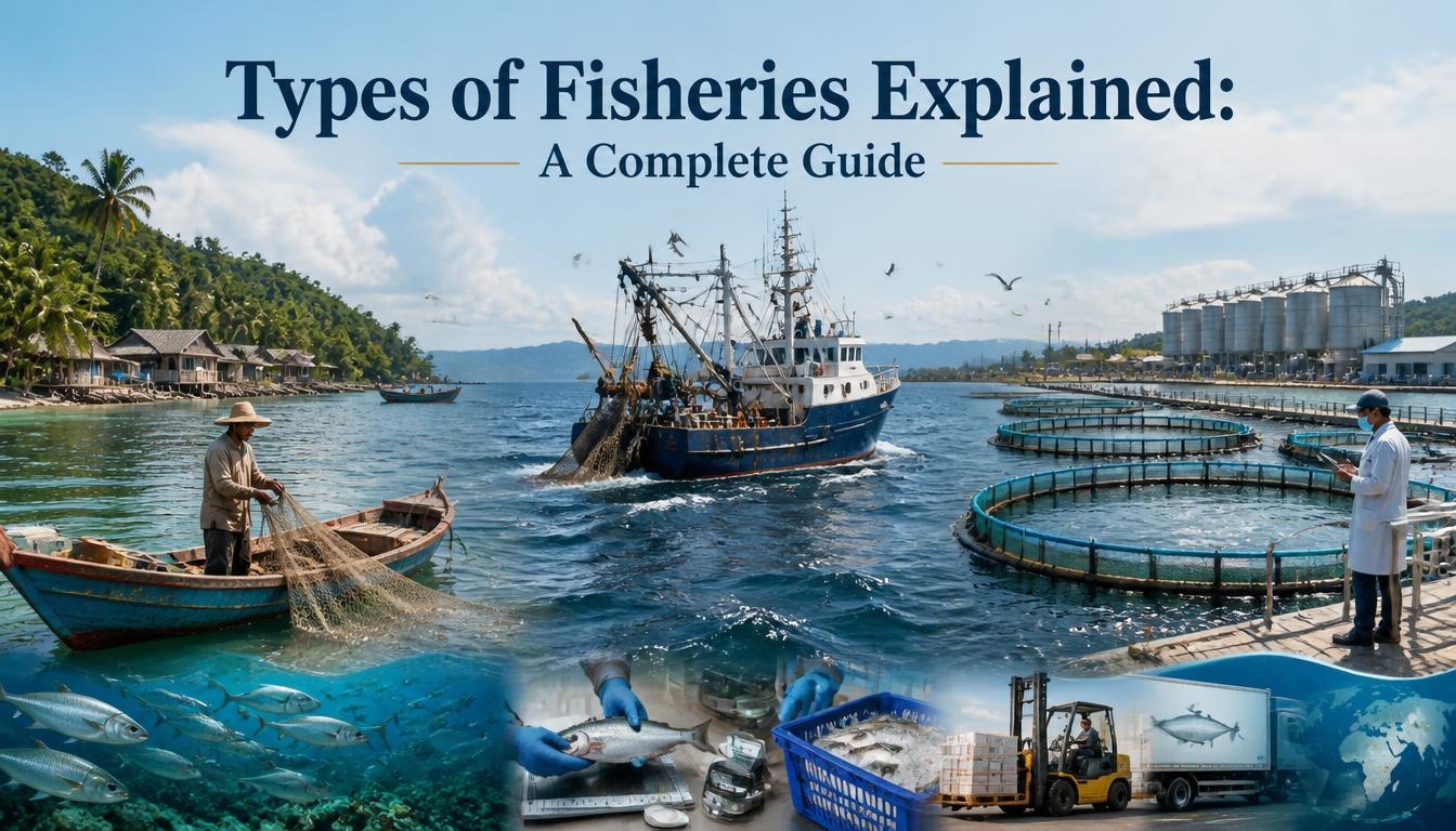Different types of fisheries shown through small-scale fishing, commercial fishing vessels, aquaculture cages, fish processing, cold-chain transport, and fisheries research.