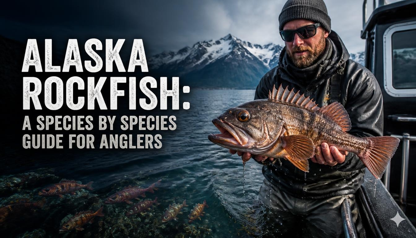 Angler holding an Alaska rockfish aboard a fishing boat with snow capped Alaskan mountains and blue ocean in the background, with the title “Alaska Rockfish: A Species by Species Guide for Anglers.