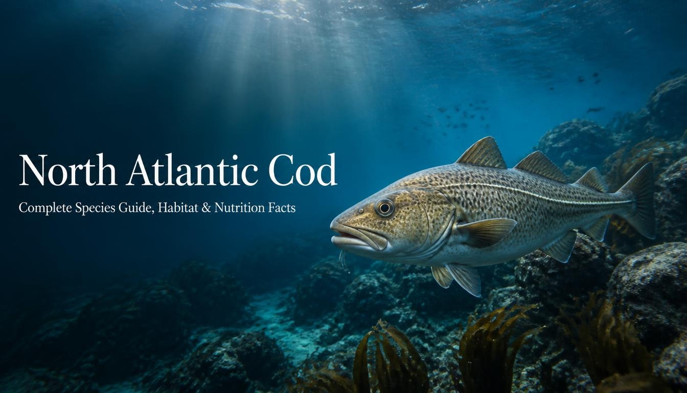 North Atlantic cod swimming underwater beneath a fishing boat in a cold blue ocean, with fishing nets visible at the surface and the heading “North Atlantic Cod: Sustainability, Fishing Industry & Buying Guide” overlaid on the left.