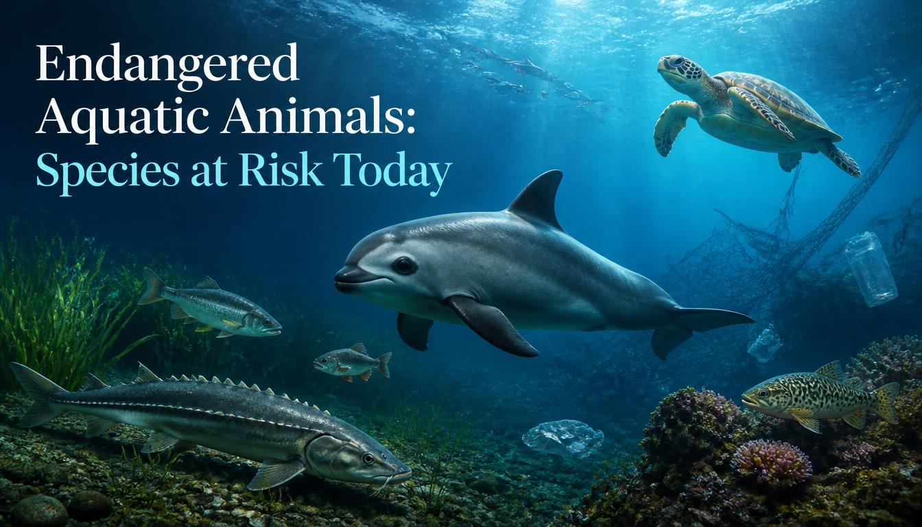 Endangered Aquatic Animals: Species at Risk Today showing a vaquita porpoise, sea turtle, and threatened fish species swimming through a realistic underwater ecosystem at risk from habitat loss and environmental pressures.