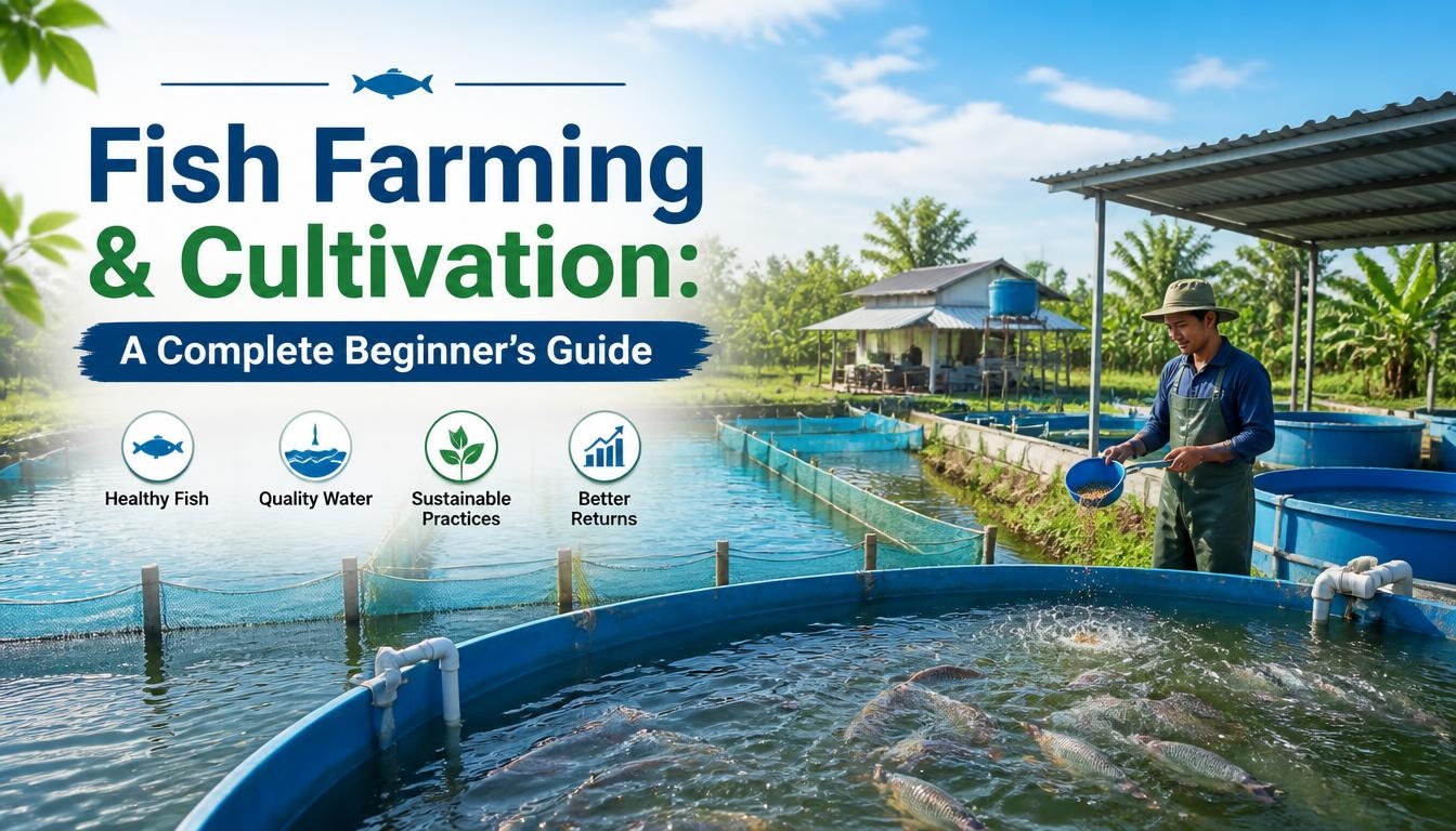 A realistic aquaculture farm scene showing fish farming and cultivation with fish swimming in clean water ponds, water tanks, farming equipment, and a natural agricultural environment, representing a beginner’s guide to starting a fish farm.