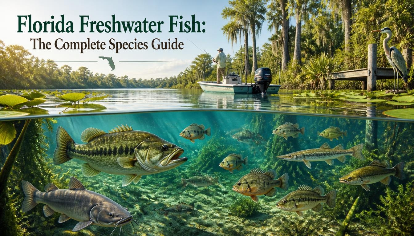Florida freshwater fishing scene with an angler on a boat above water and species such as largemouth bass, catfish, sunfish, and gar swimming below.