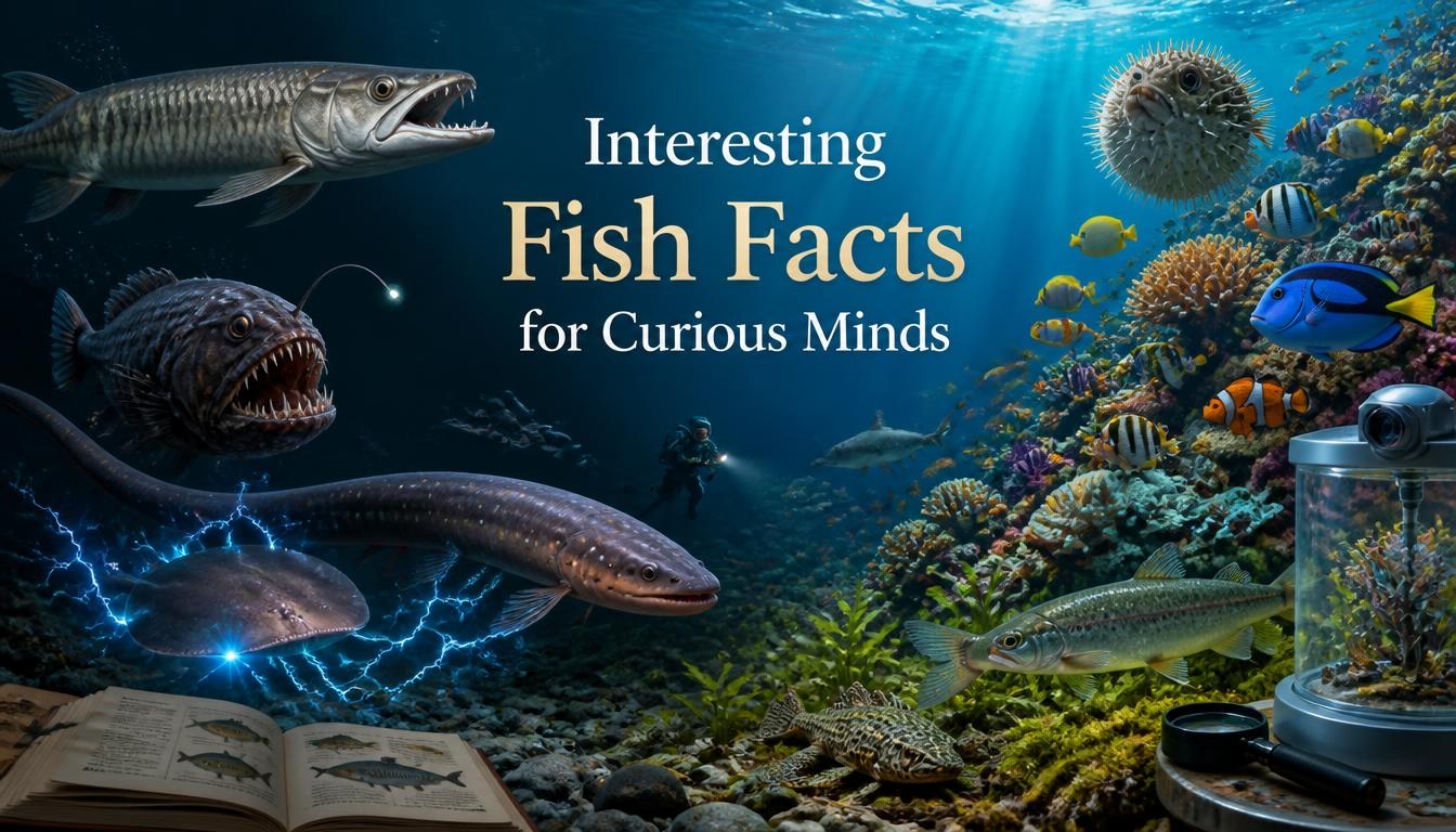 Underwater scene featuring unusual fish species, including pufferfish, anglerfish, electric eel, reef fish, and a diver exploring a colorful coral reef.
