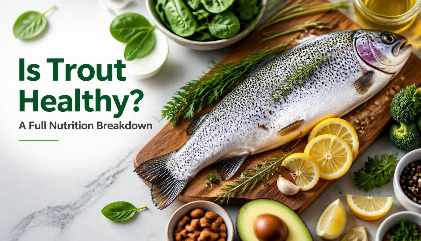 Is Trout Healthy? A Full Nutrition Breakdown featuring a fresh whole trout on a wooden board surrounded by lemon slices, dill, spinach, broccoli, avocado, nuts, and other healthy ingredients.