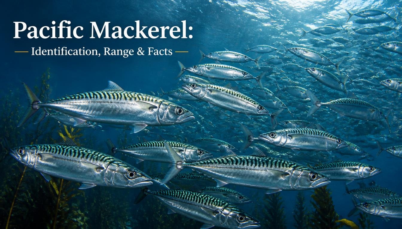 Pacific Mackerel: Identification, Range & Facts showing a large school of Pacific mackerel swimming through clear Pacific Ocean waters, highlighting their distinctive striped backs and streamlined bodies.