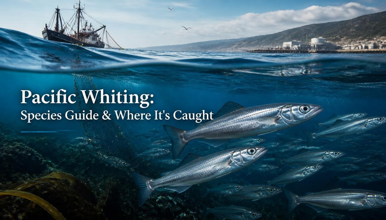 Pacific Whiting: Species Guide & Where It's Caught showing a school of Pacific whiting swimming underwater near the U.S. West Coast, with a commercial fishing vessel and coastal harbor visible above the water.