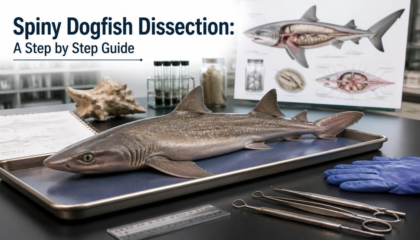 Spiny Dogfish Dissection: A Step by Step Guide showing a spiny dogfish specimen on a laboratory dissection tray surrounded by scientific instruments, gloves, a ruler, and shark anatomy diagrams for educational study.