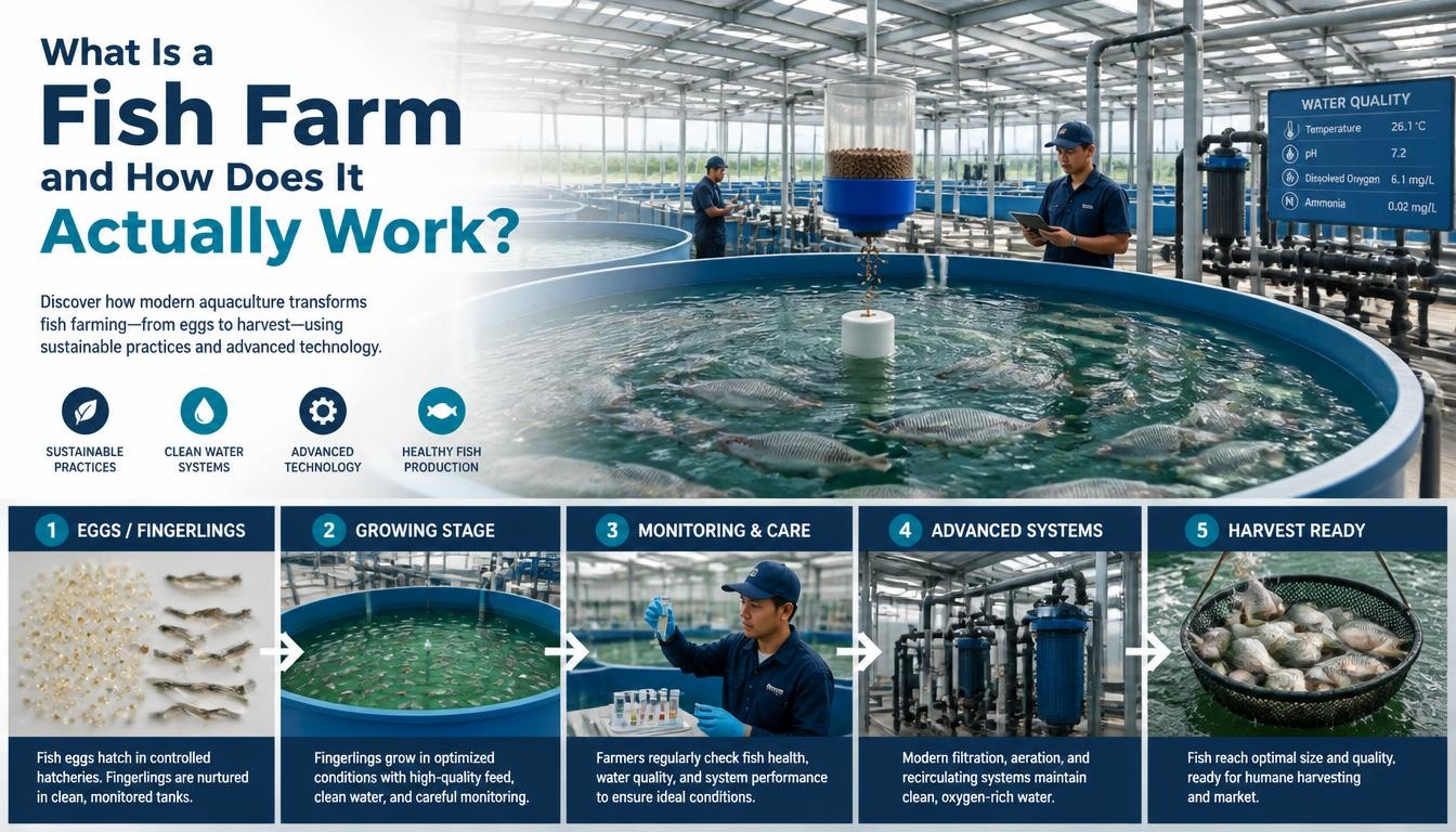 What Is a Fish Farm and How Does It Actually Work? A modern aquaculture facility showing fish raised in controlled water tanks, workers monitoring farming systems, and equipment used for fish cultivation from fingerlings to harvest.