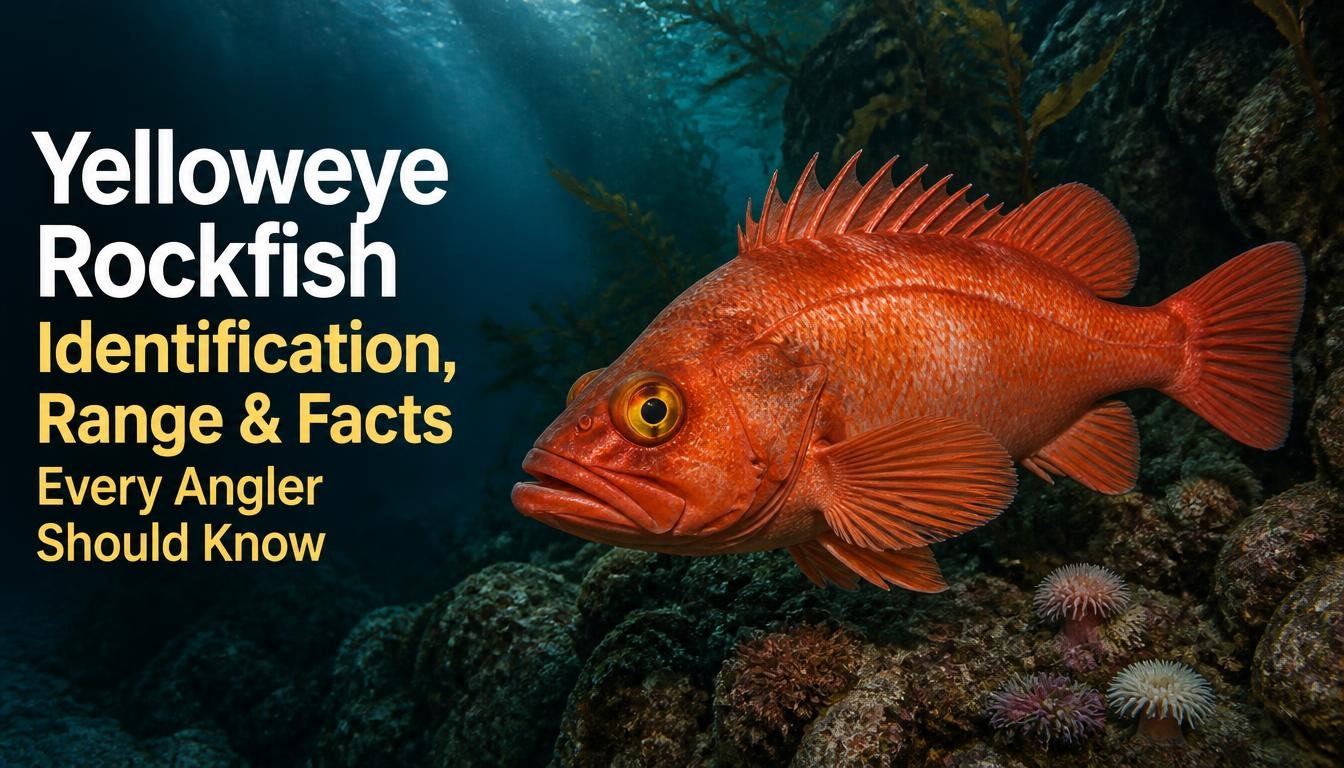 Editorial banner showing a bright orange red yelloweye rockfish with yellow eyes swimming over a rocky Pacific reef, with the title “Yelloweye Rockfish Identification, Range & Facts Every Angler Should Know” displayed prominently.