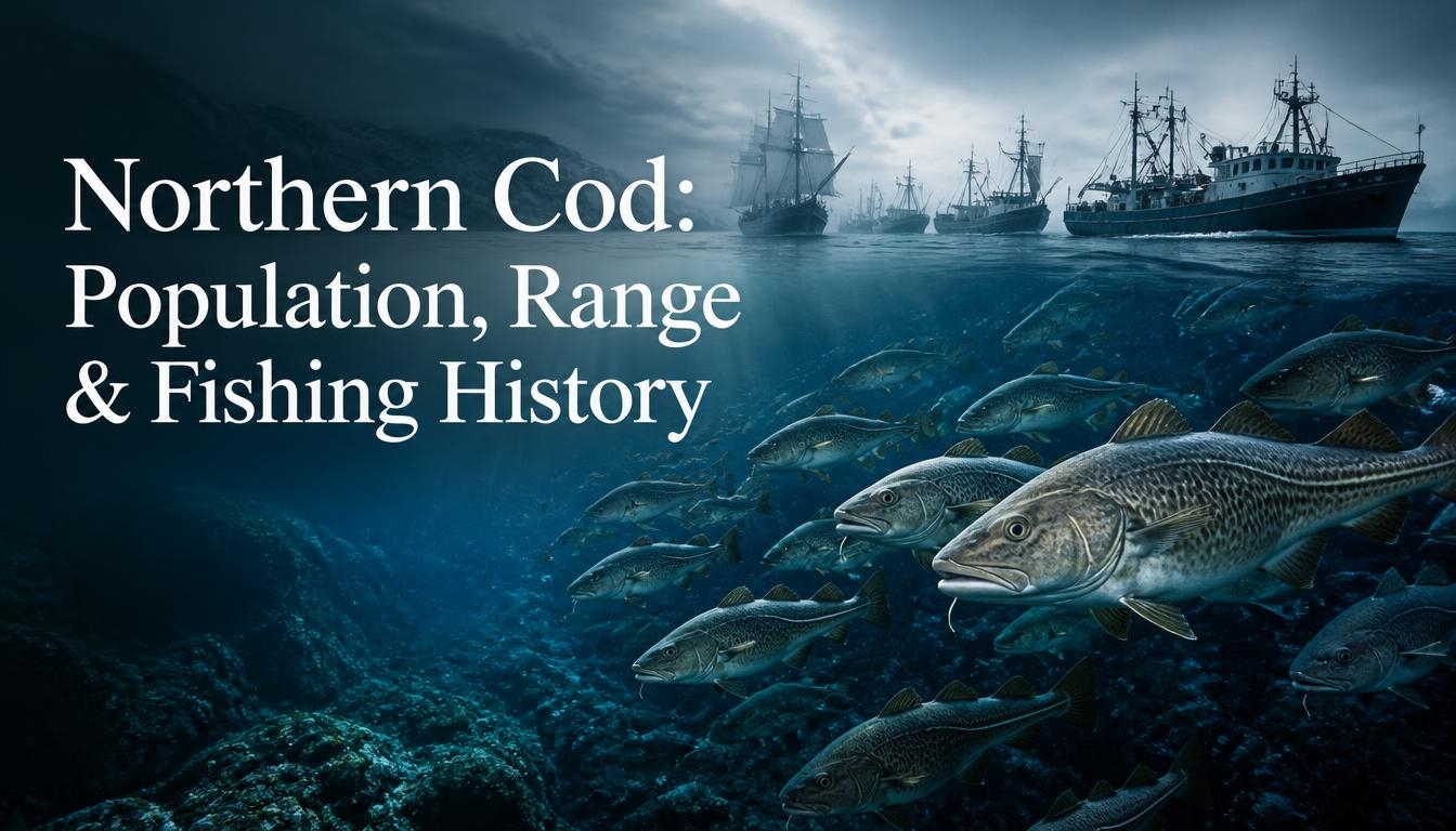 School of Northern cod swimming over a rocky North Atlantic seabed beneath two fishing vessels, with the heading “Northern Cod Guide: Habitat, Numbers & Fishery Story” overlaid on the left.