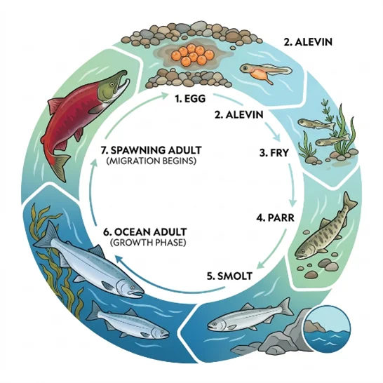 Figure 2 Pacific salmon life cycle stages from egg, alevin, fry, parr, smolt, ocean adult, and spawning adult
